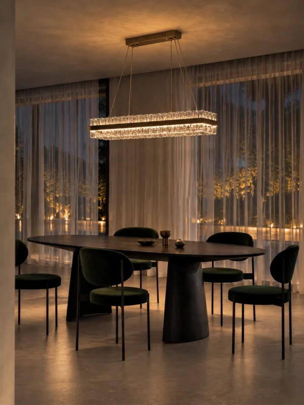 Tianna Rectangular Chandelier suspended above a contemporary dining table