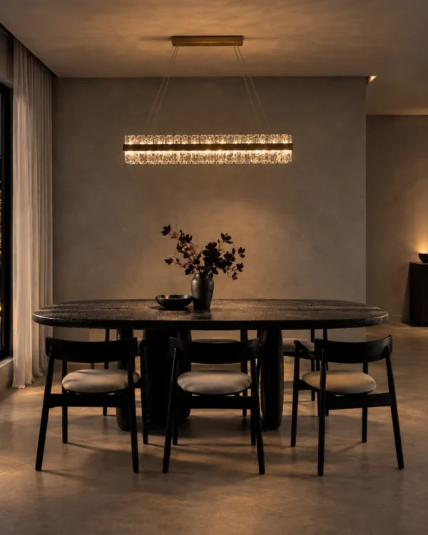 Tianna Rectangular Chandelier Modern Dining Interior Tianna Rectangular Chandelier in Rose Gold displayed in a modern dining interior