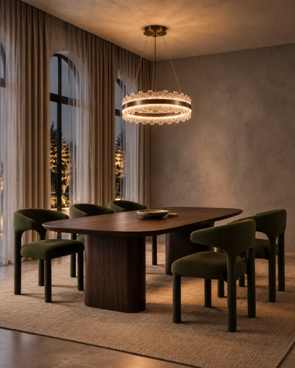 Tianna Single Layer chandelier in Brushed Rose Gold above a contemporary dining table