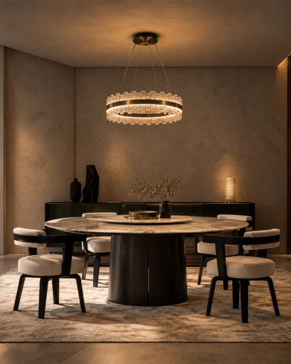 Tianna Single Layer chandelier with circular ring design above a modern dining table