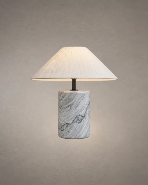 Venato Marble Base Table Lamp Venato table lamp featuring a tapered white shade and cylindrical marble base