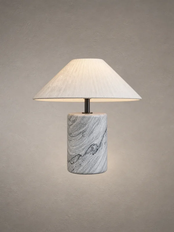 Venato Marble Base Table Lamp Venato table lamp featuring a tapered white shade and cylindrical marble base