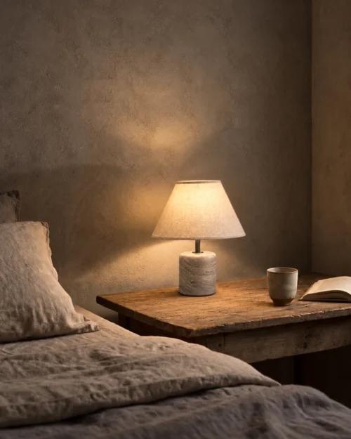 Venato Table Lamp Contemporary Bedroom Venato marble table lamp on a wooden bedside table in a contemporary bedroom