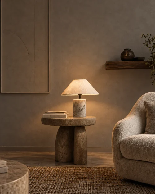Venato Table Lamp Modern Living Room Venato marble table lamp on a stone side table beside an upholstered sofa