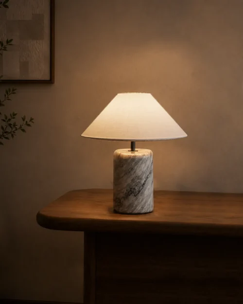 Venato Table Lamp Wooden Console Venato table lamp with tapered white shade and veined marble base on a wooden console
