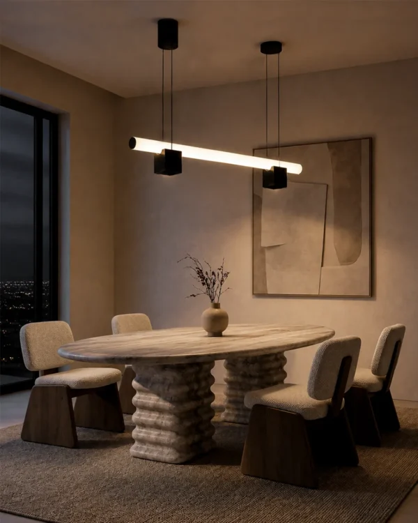 Viano Chandelier displayed above a modern dining table
