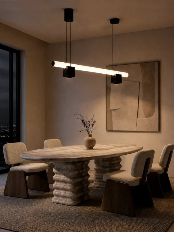 Viano Chandelier displayed above a modern dining table
