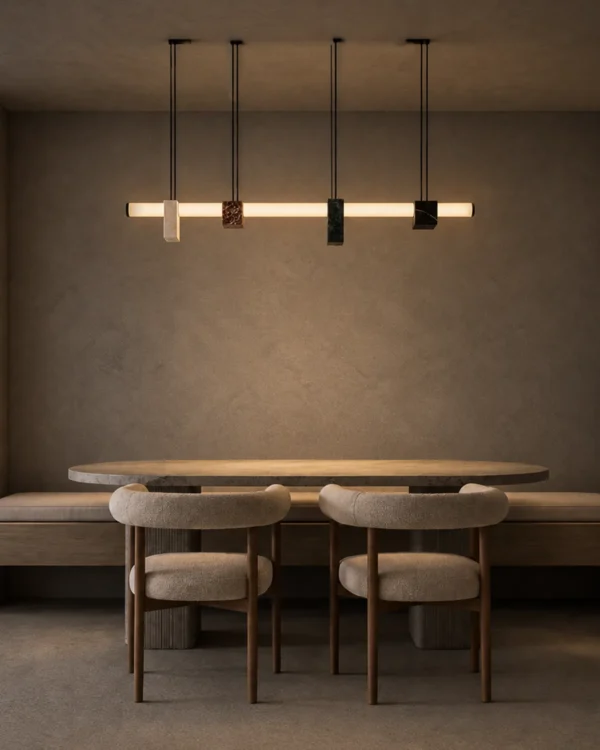Viano Chandelier suspended above a contemporary dining area