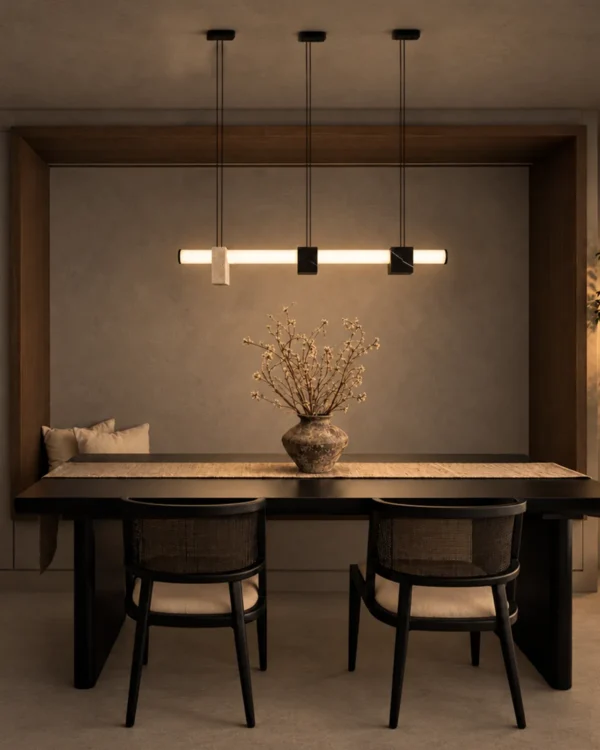 Viano linear chandelier with geometric marble accents in a contemporary interior