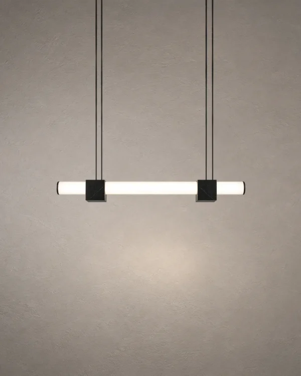 Viano modern linear chandelier with illuminated glass bar and marble accents