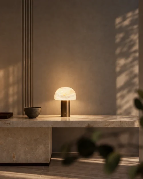 Vienna Table Lamp Modern Console Vienna Rose Gold table lamp with illuminated dome shade on a modern side table
