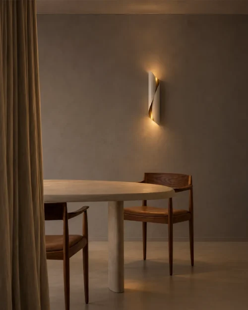 Virgil Wall Lamp Modern Dining Room Virgil vertical wall lamp illuminating a warm contemporary dining room